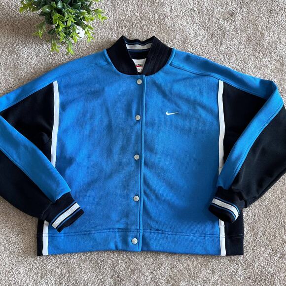Nike Blue Snap Button Striped Varsity Vintage Bomber Jacket Size: Large 12-14 - Picture 1 of 15
